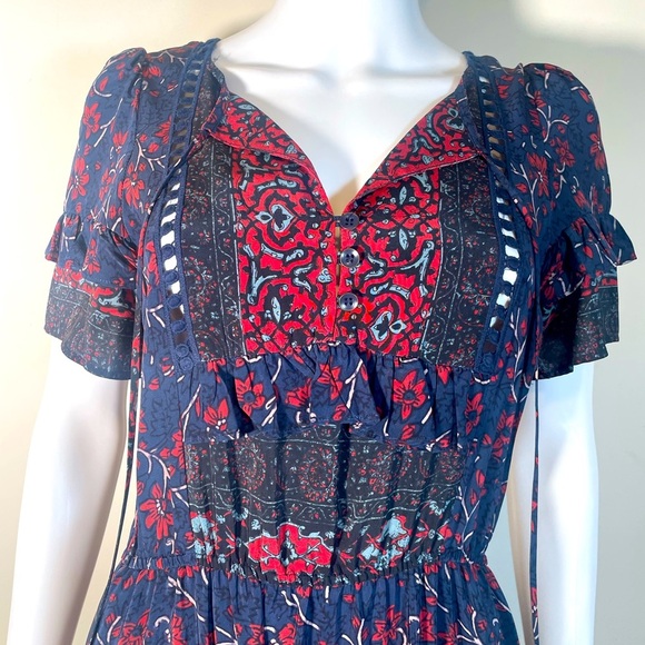Sea NY TUCKERNUCK Navy Blue Red Floral Ruffle Tiered Midi Silk Dress Sz 4 Boho - Picture 9 of 16